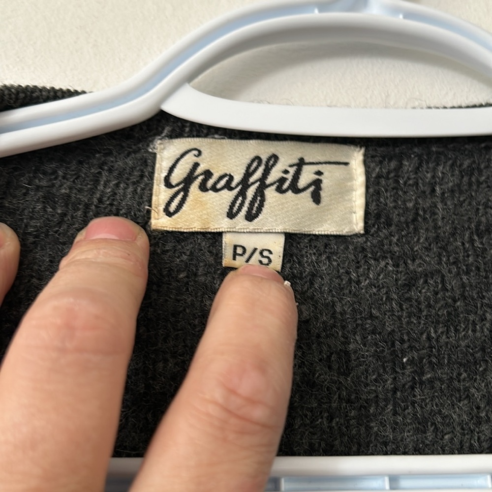 GRAFFITI Gray flower Embellished Women's 100% wool cardigan vintage - Picture 5 of 7